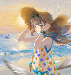 1girl absurdres baige059 beach bead_bracelet beads bird blue_eyes blue_shorts boat bracelet brown_hair brown_hat closed_mouth eyewear_on_head fishnet_dress from_side hands_on_headwear hands_up hat highres jewelry long_hair looking_at_viewer marcus_(on_the_white_sand)_(reverse:1999) marcus_(reverse:1999) ocean official_alternate_costume orange_sky outdoors reverse:1999 sailboat sand shell shorts sky smile solo starfish strapless straw_hat sun tube_top upper_body watercraft white_bird white_tube_top