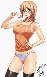 Rule 34 | 1girl, absurdres, aqua eyes, armpit crease, bare arms, black thighhighs, blonde hair, blush, breasts, camisole, commentary request, food, hair between eyes, hand on own hip, highres, holding, holding food, holding popsicle, kamimura chika, looking at viewer, medium breasts, melting popsicle, no pants, open mouth, orange camisole, panties, perky breasts, popsicle, signature, simple background, sisters ~natsu no saigo no hi~, solo, sweat, thighhighs, thighs, two side up, underwear, white background, white panties, yoo tenchi