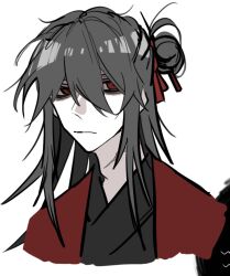 1boy bags_under_eyes black_hair black_hanfu ch189615 chinese_clothes chinese_commentary closed_mouth coat dao_gui_yi_xian hair_between_eyes hair_bun hair_ornament hair_ribbon hair_stick half_updo hanfu highres li_huowang long_hair looking_at_viewer male_focus messy_hair pale_skin portrait red_coat red_eyes red_ribbon ribbon shaded_face simple_background single_hair_bun solo upper_body white_background