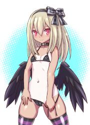 1girl bikini black_bikini black_hairband black_ribbon black_wings blonde_hair cameltoe clothing_aside dark_feather_alma embarrassed emil_chronicle_online hairband highres looking_at_viewer navel purple_thighhighs raised_inner_eyebrows red_eyes ribbon serizawa_(knight2020) striped_clothes striped_thighhighs swimsuit swimsuit_aside tan tanline thighhighs wings