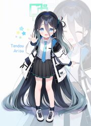 Rule 34 | 1girl, absurdly long hair, absurdres, aqua halo, aris (blue archive), black hair, black skirt, black socks, blue archive, blue eyes, blue necktie, character name, chinese commentary, closed eyes, collared shirt, commentary request, different zoom layer, hair between eyes, halo, highres, jacket, long hair, long sleeves, looking at viewer, miniskirt, necktie, one side up, open mouth, pleated skirt, puffy long sleeves, puffy sleeves, rectangular halo, school uniform, shirt, shoes, skirt, sneakers, socks, star (symbol), very long hair, white jacket, white shirt, white shoes, zcx, zoom layer