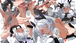 1boy 1girl barefoot blue_archive clenched_teeth closed_eyes dark-skinned_female dark_skin english_text feet foot_focus foot_worship grey_hair hair_over_one_eye highres iori_(blue_archive) licking licking_foot light_blush long_hair looking_at_viewer open_mouth pointy_ears presenting_foot red_eyes sensei_(blue_archive) sensei_(blue_archive_the_animation) soles sydus teeth toes twintails