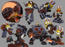 1girl arm_blade arms_up blonde_hair closed_eyes eyewear_on_head female_focus from_above furry furry_female gatling_gun glasses gloves grey_background grin highres holding holding_weapon mace mask mecha mouth_mask niking original pointing prosthesis prosthetic_arm prosthetic_leg rabbit_ears rabbit_girl robot round_eyewear simple_background smile solo visor weapon wrench