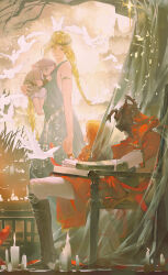 1boy 2girls absurdres armlet armor bare_shoulders blonde_hair braid brother_and_sister brown_hair candle circlet dress elden_ring elden_ring:_shadow_of_the_erdtree gold_circlet helmet highres holding holding_hands jewelry long_hair melina_(elden_ring) messmer_the_impaler mother_and_daughter mother_and_son multiple_girls queen_marika_the_eternal red_hair siblings sitting very_long_hair weibo_5159781519 winged_helmet yellow_eyes