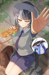 1girl absurdres bag black_hair character_request commentary_request crying eating food food_on_face grey_hair grey_shirt highres holding holding_food holding_sandwich hololive hololive_english multicolored_hair necktie nintendo outstretched_arm pokemon pokemon_(creature) purple_necktie purple_shorts sandwich satoti_chang shiori_novella shirt shorts solo split-color_hair two-tone_hair virtual_youtuber yellow_eyes