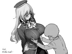 1boy 1girl age_difference arms_behind_back artist_name atago_(kancolle) beret breasts closed_eyes eckert&amp;eich from_above grabbing_another&#039;s_breast greyscale groping hat highres kantai_collection large_breasts long_hair military_uniform monochrome onee-shota pantyhose simple_background twitter_username upper_body