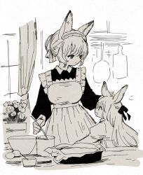 2girls animal_ear_fluff animal_ears apron closed_mouth dress fox_ears fox_girl fox_tail hair_bun holding long_sleeves maid maid_apron multiple_girls original puffy_sleeves sakutake_(ue3sayu) tail