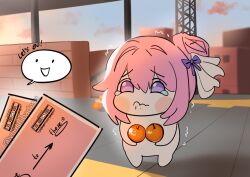 blush creature doro_(nikke) flower-shaped_hair food fruit goddess_of_victory:_nikke hair_between_eyes hair_bun hair_intakes happy_tears highres holding long_hair meme orange_(fruit) pink_hair purple_eyes ribbon shiny_eyes tearing_up tears train_station yuushiba