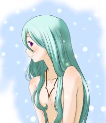 1girl alternate_hair_length alternate_hairstyle aqua_hair blue_background blush censored convenient_censoring eureka_(eureka_seven) eureka_seven eureka_seven:_pocket_ga_niji_de_ippai eureka_seven_(series) female_focus flat_chest fuusin hair_between_eyes hair_censor hair_over_breasts jewelry light_particles light_smile long_hair necklace nude profile purple_eyes smile solo upper_body