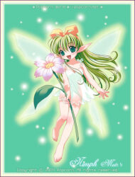2004 aqua_wings archived_source artist_name bare_arms bare_legs bare_shoulders barefoot bow breasts chemise commentary_request copyright_name cursive dated dated_commentary dress english_text fairy fairy_wings fingernails flower green_background green_eyes hair_bow hairband holding holding_flower jpeg_artifacts korean_commentary leaf light_particles long_hair long_pointy_ears lowres medium_breasts no_pants nymph nymphclub orange_bow pointy_ears popcorn_kang see-through_clothes see-through_dress straight_hair toes tongue very_long_hair wavy_ends white_background white_chemise wings