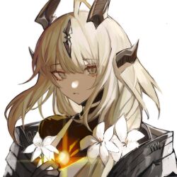 Rule 34 | 1girl, ahoge, anpoai, arknights, blonde hair, brown horns, chinese commentary, commentary request, flower, grey eyes, hair between eyes, hair flower, hair ornament, highres, holding, holding flower, horns, long hair, looking at viewer, parted lips, reed (arknights), reed the flame shadow (arknights), simple background, solo, white background, white flower