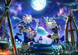 bird black_skin campfire colored_skin dancing full_moon genshin_impact hilichurl_(genshin_impact) horns kaopon loincloth mask moon night night_sky pot procreate_(medium) sky star_(sky) starry_sky