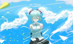 Rule 34 | 1girl, 2025, absurdres, alternate hair length, alternate hairstyle, arm tattoo, arms behind back, bare shoulders, black skirt, blue sky, closed eyes, closed mouth, cloud, cloud hair, collared shirt, commentary, cowboy shot, crossed bangs, dated, day, double-parted bangs, eyelashes, facing viewer, floating neckwear, green hair, green necktie, hair between eyes, hair intakes, halo, hatsune miku, highres, miniskirt, necktie, number tattoo, outdoors, shirt, short hair, sidelocks, skirt, sky, sleeveless, sleeveless shirt, smile, solo, split mouth, straight-on, tattoo, user dfrv5378, vocaloid, white shirt