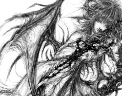 amg0d1 demon demon_horns demon_wings eyelashes greyscale highres hitrisisters holding holding_sword holding_weapon horns lips monochrome nipples original sketch solo sword weapon wings