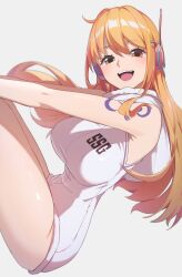 1girl :d ass breasts commentary dress grey_background headphones highres hooded_leotard large_breasts leotard long_hair looking_at_viewer nami_(one_piece) nami_(one_piece)_(egghead) one_piece open_mouth orange_eyes orange_hair reulem revealing_clothes shiny_skin shoulder_tattoo simple_background sleeveless sleeveless_dress smile solo tattoo teeth thighs upper_teeth_only very_long_hair white_dress white_leotard wide_hips