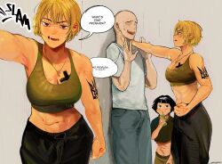 1boy 2girls abs ailin_(yurseinhower) arm_tattoo azov_battalion bad_link black_hair blonde_hair breast_tattoo breasts brown_eyes brown_tank_top clenched_hand crop_top cross cross_necklace drink drinking_straw faceless faceless_male from_side groin highres holding holding_drink jewelry kabedon looking_at_viewer lower_teeth_only marichka military military_uniform multiple_girls multiple_views necklace open_mouth original pov russo-ukrainian_war scowl short_hair smile soldier speech_bubble sweatdrop tank_top tattoo teeth tongue tryzub ukraine usergore wavy_hair