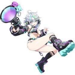 1girl ahoge belt bikini black_bikini black_shoes boots breasts cleavage cropped_jacket detached_sleeves dolphin_wave game_cg grey_hair headphones high_heel_boots high_heels highres holding holding_megaphone jacket kurokuchi_muru large_breasts looking_at_viewer megaphone messy_hair midair multicolored_eyes multicolored_hair navel non-web_source official_art ootomo_takuji rainbow_eyes see-through_clothes see-through_jacket shoes solo streaked_hair swimsuit transparent_background