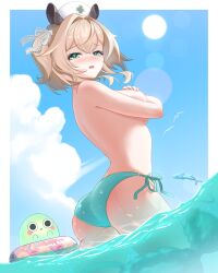 1girl absurdres alternate_costume animal_ears aqua_bikini ass bikini blue_sky blush border breast_press breasts brown_hair cloud commentary covering_breasts covering_privates crossed_bangs curvy day eyelashes fingernails fish from_behind furrowed_brow green_eyes hair_intakes hair_ribbon hat highres indie_virtual_youtuber large_breasts looking_at_viewer median_furrow medium_hair naplings_(nimi_nightmare) nimi_nightmare nurse_cap one_side_up open_mouth outside_border ribbon seekorplatypus side-tie_bikini_bottom sky solo sun swim_ring swimsuit tapir_ears tapir_girl tearing_up topless_female unworn_bikini_top virtual_youtuber wading water wet white_border