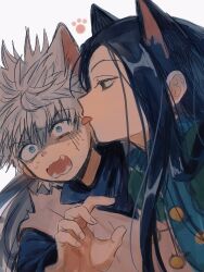 2boys animal_ears black_eyes black_hair blue_eyes brothers cat_ears disgust hand_up highres hunter_x_hunter illumi_zoldyck killua_zoldyck licking licking_another&#039;s_cheek licking_another&#039;s_face long_hair multiple_boys open_mouth screaming shirt siblings spiked_hair thicopoyo tongue tongue_out white_background white_hair white_shirt