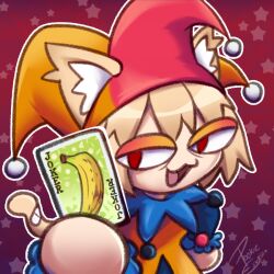 1girl :3 alternate_costume animal_ear_fluff animal_ears balatro banana bandaid bandaid_on_tail blonde_hair card cat_ears cat_tail cosplay ears_through_headwear food fruit hat hat_bell holding holding_card jester jester_cap jester_costume jimbo_(balatro) jimbo_(balatro)_(cosplay) joker_(playing_card) looking_at_viewer neco-arc neco_spirit open_mouth orange_hair playing_card pookieesukiro red_eyes red_hat red_lips signature solo tail tsukihime two-tone_hat white_fur