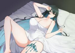 Rule 34 | 1girl, absurdres, aqua hair, arm up, bed sheet, bosseon, breasts, cleavage, collarbone, colored inner hair, commentary, commission, counter:side, green hair, grey eyes, hair between eyes, hair over one eye, hand on own head, highres, knee up, large breasts, leg tattoo, long hair, looking at viewer, lying, mole, mole under mouth, multicolored hair, naked sheet, on back, on bed, parted lips, pillow, plaga (counter:side), sidelighting, solo, tattoo, thighs, very long hair