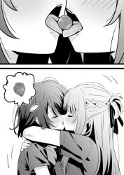 2girls arms_around_neck blush braid closed_eyes commentary food french_braid french_kiss fruit greyscale highres kiss long_hair lwmina70119 medium_hair miyagi_shiori monochrome multiple_girls sendai_hazuki sharing_food short_sleeves shuuniichido_classmate_wo_kau_hanashi speech_bubble strawberry thought_bubble tongue yuri