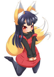 1girl animal_ears blush female_focus flat_chest fox_ears fox_tail long_hair looking_at_viewer original pantyhose red_eyes simple_background smile solo tail tsune-hime ukan_muri v_arms white_background