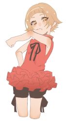 Rule 34 | 1girl, arched bangs, black shorts, blonde hair, blood, blood on face, closed mouth, collared shirt, cropped legs, fang, frilled shirt, frills, highres, kiss-shot acerola-orion heart-under-blade, looking at viewer, monogatari (series), oshino shinobu, pointy ears, red shirt, shirt, short bangs, short hair, short shorts, shorts, simple background, sleeveless, sleeveless shirt, solo, wanira, white background, yellow eyes