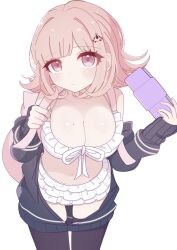 1girl animal_bag bare_shoulders bikini black_thighhighs breasts brown_hair cat_bag chi_gu danganronpa_(series) danganronpa_2:_goodbye_despair flipped_hair frilled_bikini frills galaga hair_ornament highres jacket looking_at_viewer medium_hair mole mole_on_breast nanami_chiaki navel pink_bag pink_eyes skindentation solo swimsuit thighhighs white_bikini