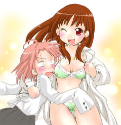 Rule 34 | 00s, 2girls, blush, bousouzoku, bra, coat, delinquent, gotou yuuko, gotouza, gottouza, green bra, green panties, hug, kogami akira, lace, lace-trimmed bra, lace-trimmed panties, lace trim, lingerie, looking at viewer, lucky star, multiple girls, one eye closed, panties, sarashi, school uniform, serafuku, tokkoufuku, ubizo, underwear, wink