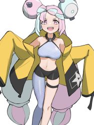 Rule 34 | 1girl, bike shorts, bow-shaped hair, breasts, character hair ornament, grey pantyhose, hair ornament, hexagon print, highres, iono (pokemon), jacket, long hair, long sleeves, low-tied long hair, medium breasts, navel, nintendo, oversized clothes, pantyhose, pokemon, pokemon sv, sharp teeth, single leg pantyhose, sleeves past fingers, sleeves past wrists, solo, teeth, tsuneshima, very long sleeves, x, yellow jacket