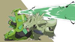 Rule 34 | black sclera, blacknirrow, breath weapon, bright pupils, claws, colored sclera, commentary, energy beam, fangs, gen 2 pokemon, green eyes, highres, iron thorns, nintendo, no humans, non-humanoid robot, open mouth, outline, pokemon, pokemon (creature), pokemon focus, robot, simple background, skin fangs, two-tone background, tyranitar, v-shaped eyes, white outline, white pupils