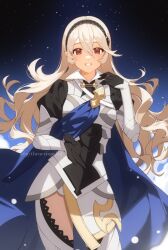 1girl armor black_gloves black_hairband blue_cape breasts cape female_corrin_(emblem)_(fire_emblem) female_corrin_(fire_emblem) fire_emblem fire_emblem_fates gloves grey_hair hair_between_eyes hairband highres long_hair looking_at_viewer nintendo open_mouth pointy_ears purple_eyes red_eyes smile solo standing teeth thighs