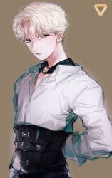Rule 34 | 1boy, black corset, blonde hair, brown background, choker, closed mouth, commentary, corset, cowboy shot, highres, jeonghan (seventeen), k-pop, long sleeves, looking at viewer, male focus, pearl8, real life, seventeen (group), shirt, simple background, solo, symbol-only commentary, white shirt