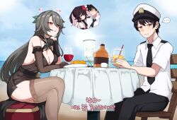 ... 1boy 1girl :d alcohol asymmetrical_gloves black_dress black_gloves black_hair black_necktie black_pants black_thighhighs blue_sky bottle breasts captain_(honkai_impact) cleavage cosplay cup dress drinking_glass flower food fruit gloves grey_hair heart hetero highres honkai:_star_rail honkai_(series) honkai_impact_3rd juice long_hair milliani mismatched_gloves necktie open_mouth orange_(fruit) orange_eyes orange_juice outdoors pants pink_hair short_hair short_sleeves sitting sky smile sparkle_(honkai:_star_rail) table thighhighs very_long_hair vita_(honkai_impact) vita_(honkai_impact)_(cosplay) white_flower wine wine_bottle wine_glass