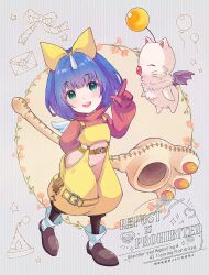 1girl arm_behind_back bat_wings blue_hair blush bob_cut bodysuit boots bow brown_boots creature cropped_sweater eiko_carol final_fantasy final_fantasy_ix flat_chest full_body gloves green_eyes hair_bow highres holding holding_weapon horns looking_at_viewer mini_wings moogle open_mouth overalls pink_bodysuit pointing quichi_91 red_gloves red_sweater short_hair single_horn smile sweater turtleneck turtleneck_sweater weapon wings yellow_bow yellow_overalls