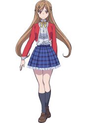Rule 34 | 1girl, anime coloring, arm behind back, breasts, brown hair, closed mouth, collared shirt, full body, jacket, loafers, long hair, long sleeves, looking at viewer, medium breasts, miniskirt, official art, open hand, red eyes, ribbon, sakimoto sayuri, shinozaki ayaka (sokushi cheat), shirt, shoes, simple background, skirt, smile, sokushi cheat ga saikyou sugite isekai no yatsura ga marude aite ni naranai n desu ga, solo, standing, thighs, transparent background, v-shaped eyebrows, very long hair