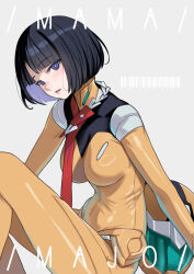 1girl ban!_(bansankan) barcode black_hair blue_eyes blue_hair bob_cut bodysuit breasts commentary_request grey_background gundam gundam_gquuuuuux helmet large_breasts looking_at_viewer mecha_pilot_suit no_sclera normal_suit_(gundam) orange_bodysuit parted_lips romaji_text shiiko_sugai short_hair simple_background sitting solo unworn_headwear unworn_helmet