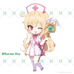 1girl ;d bag bandaid bandaid_on_knee bandaid_on_leg blonde_hair chibi dress flat_chest full_body hashtag hat highres holding little_witch_nobeta long_hair nobeta nobeta_(nurse_skin) nurse nurse_cap official_alternate_costume official_art one_eye_closed open_mouth plus_sign red_eyes shoes short_sleeves shoulder_bag simple_background smile solo standing thighhighs very_long_hair white_background white_dress white_thighhighs zettai_ryouiki
