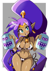 1girl absurdres animal_print antenna_hair aqua_eyes bare_legs bell bikini blush breasts chinese_zodiac collar cow_print cow_print_bikini cowbell curvy dark-skinned_female dark_skin genie gradient_hair hair_ornament high_ponytail highres large_breasts long_hair looking_at_viewer lucyfer multicolored_hair navel open_mouth pointy_ears ponytail print_bikini purple_hair shantae shantae_(series) side-tie_bikini_bottom simple_background solo swimsuit upper_body very_long_hair wide_hips year_of_the_ox