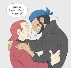 Rule 34 | +++, 2boys, archie (pokemon), bandana, black eyes, black hair, blue bandana, coat, commentary, english text, eye contact, facial hair, from side, grey background, grin, hands on another&#039;s shoulders, looking at another, lynn (daisiloou), male focus, maxie (pokemon), multiple boys, nintendo, pokemon, pokemon rse, red coat, red hair, shirt, short hair, smile, speech bubble, teeth, upper body, yaoi