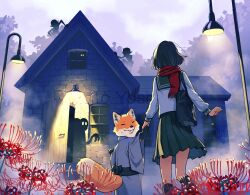 1girl animal artist_name black_hair black_socks blue_kimono brick_wall clenched_hand clothed_animal commentary_request door_handle feet_out_of_frame flower fog fox from_behind ghost goblin green_sailor_collar green_skirt highres holding_hands horror_(theme) house ito_yoshi japanese_clothes kimono kitsune kneehighs lamppost long_sleeves medium_skirt monster obi open_door original outdoors peril pleated_skirt red_flower red_scarf sailor_collar sash scarf school_uniform serafuku shirt short_hair skirt socks spider_lily tree turning_head watermark white_shirt wide_sleeves window