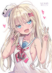 1girl absurdres blonde_hair blush bow double_v dress grecale_(kancolle) green_eyes hair_between_eyes hair_bow highres hizaka kantai_collection long_hair looking_at_viewer low-cut_armhole one-hour_drawing_challenge open_mouth pink_bow ribbon sailor_collar sailor_dress school_uniform side-tie_dress signature simple_background sleeveless sleeveless_dress smile solo twitter_username v wavy_hair white_background white_dress