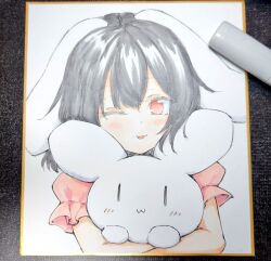 Rule 34 | 1girl, :3, ;p, animal, animal hug, art tools in frame, black hair, commentary request, dress, hair between eyes, inaba mob (touhou), inaba tewi, looking at viewer, marker (medium), one eye closed, pink dress, puffy short sleeves, puffy sleeves, rabbit, rabbit girl, red eyes, shikishi, short hair, short sleeves, solo, tongue, tongue out, touhou, traditional media, usaka ray, white background, | |