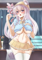 1girl absurdres aged_up animal_ear_fluff animal_ears azur_lane bell blue_shirt blush breasts candy cat_ears cat_girl cat_tail ears_through_headwear eesuke_(shin1athke) food hand_on_own_chest hat highres holding holding_candy holding_food holding_lollipop indoors jingle_bell jojifuku kindergarten_uniform kisaragi_(azur_lane) large_breasts lollipop long_hair microskirt midriff no_panties open_mouth partially_unbuttoned pink_eyes pink_hair ribbon school_hat shirt skirt solo tail tail_bell tail_ornament tail_ribbon thighhighs underboob undersized_clothes white_thighhighs yellow_hat yellow_skirt zettai_ryouiki