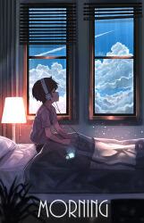 1boy window_blinds blue_sky brown_hair cloud commentary contrail cumulonimbus_cloud digital_media_player grey_shirt headphones highres light_particles male_focus morning original pasoputi scenery shirt short_hair short_sleeves sky solo sunlight under_covers variant_set