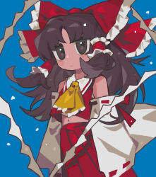 Rule 34 | 1girl, absurdres, ascot, bare shoulders, black eyes, blue background, bow, brown hair, collared vest, cowboy shot, detached sleeves, duantouhongmo, expressionless, frilled ascot, frilled bow, frilled hair tubes, frilled vest, frills, hair bow, hair tubes, hakama, hakama skirt, hakurei reimu, highres, japanese clothes, light particles, long hair, long skirt, long sleeves, looking ahead, midriff, navel, parted bangs, red bow, red hakama, red skirt, red vest, ribbon-trimmed sleeves, ribbon trim, ringed eyes, shide, simple background, skirt, skirt set, sleeves past fingers, sleeves past wrists, solo, standing, tan, touhou, very long hair, vest, white sleeves, wide sleeves, yellow ascot
