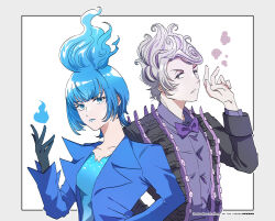 1boy 1girl 8-foot_joe airagency1005 animification blue_fire blue_lips bow bowtie disneyland fiery_hair fire formal_clothes greco-roman_clothes highres lipstick long_sleeves looking_at_viewer makeup male_focus ms._hades multicolored_hair purple_hair shirt streaked_hair suit