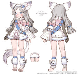 2017 animal_ears animal_feet artstation_username blue_bow blue_eyes bow character_request reference_sheet commentary_request digitigrade dragon_nest grey_hair hair_bow korean_commentary korean_text long_hair long_tail mechanical_arms siho_white single_mechanical_arm standing tail translation_request underwear watermark web_address