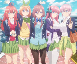 5girls ahoge anime_screenshot arms_behind_back arms_under_breasts arms_up bag black_pantyhose black_socks blazer blue_bag blue_eyes blue_jacket blue_nail_polish blue_nails blue_sweater blush bow bowtie breasts brown_bag brown_hair closed_mouth clothes_around_waist collarbone collared_shirt crossed_arms dot_nose female_focus food go-toubun_no_hanayome green_bow green_bowtie green_skirt hair_between_eyes hair_bow hair_ornament handbag headphones headphones_around_neck highres holding holding_food jacket kneehighs large_breasts legs long_hair long_sleeves looking_at_viewer miniskirt multicolored_nails multiple_girls nail_polish nakano_ichika nakano_itsuki nakano_miku nakano_nino nakano_yotsuba orange_hair outdoors pantyhose pink_hair pink_nails pleated_skirt purple_bag purple_jacket quintuplets red_hair red_sweater red_sweater_vest red_vest school_bag school_uniform shirt shirt_tucked_in shirt_under_sweater shirt_under_vest short_hair shoulder_bag siblings sisters skirt smile socks star_(symbol) star_hair_ornament sweater sweater_around_waist sweater_vest thighhighs thighs two-tone_nails very_long_hair vest white_shirt white_thighhighs yellow_sweater yellow_sweater_vest yellow_vest zettai_ryouiki